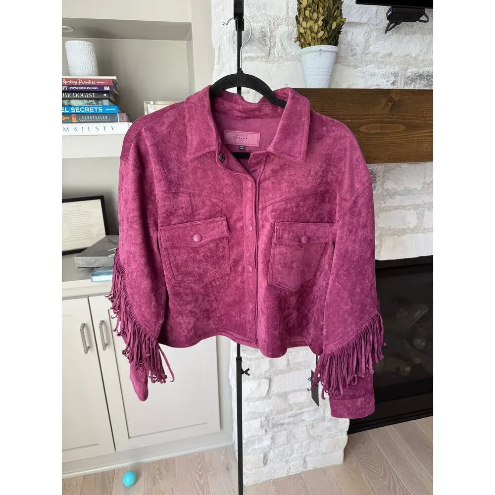 Blank NYC Free People Women's Pink Fringe Twist Shout Vegan Suede Jacket Size M